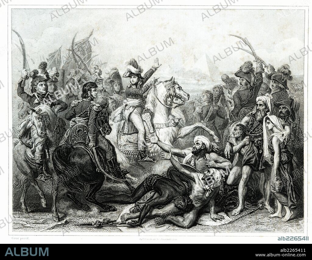 Francia. Batalla de las pirámides en la campaña de Egipto, en julio de 1798. El ejército francés a las órdenes de Napoleón Bonaparte se enfrentó a las fuerzas locales mamelucas Grabado de 1853.
