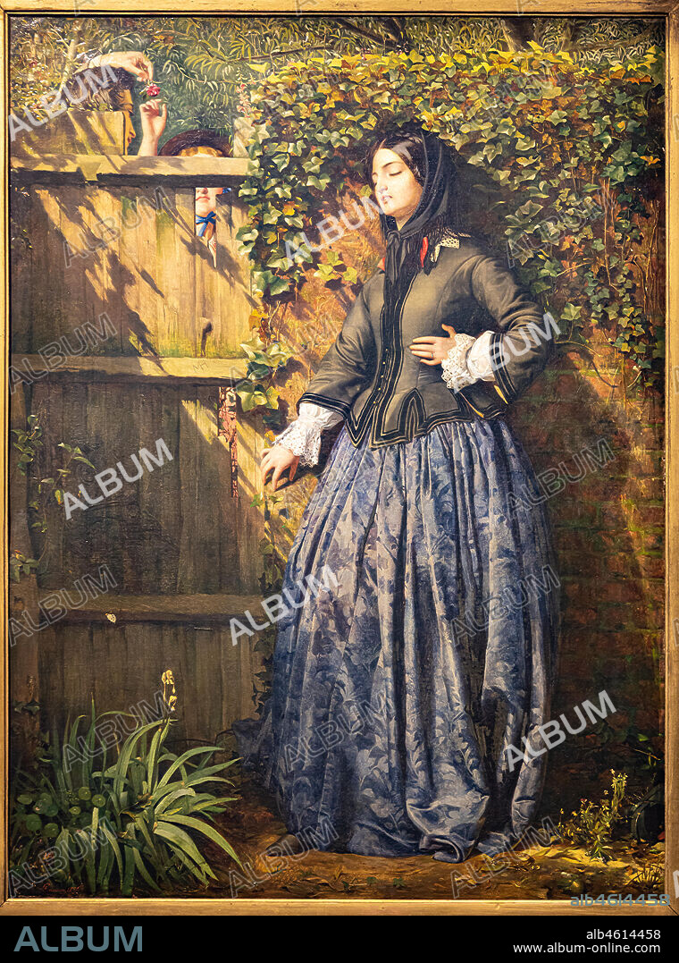 "Broken Vows", (1856) by Philip Hermogenes Calderon (1833-1898); oil painting on canvas. The rose bud is the symbol of a new love, the lily represents the grief and ivy is the symbol of loyalty.