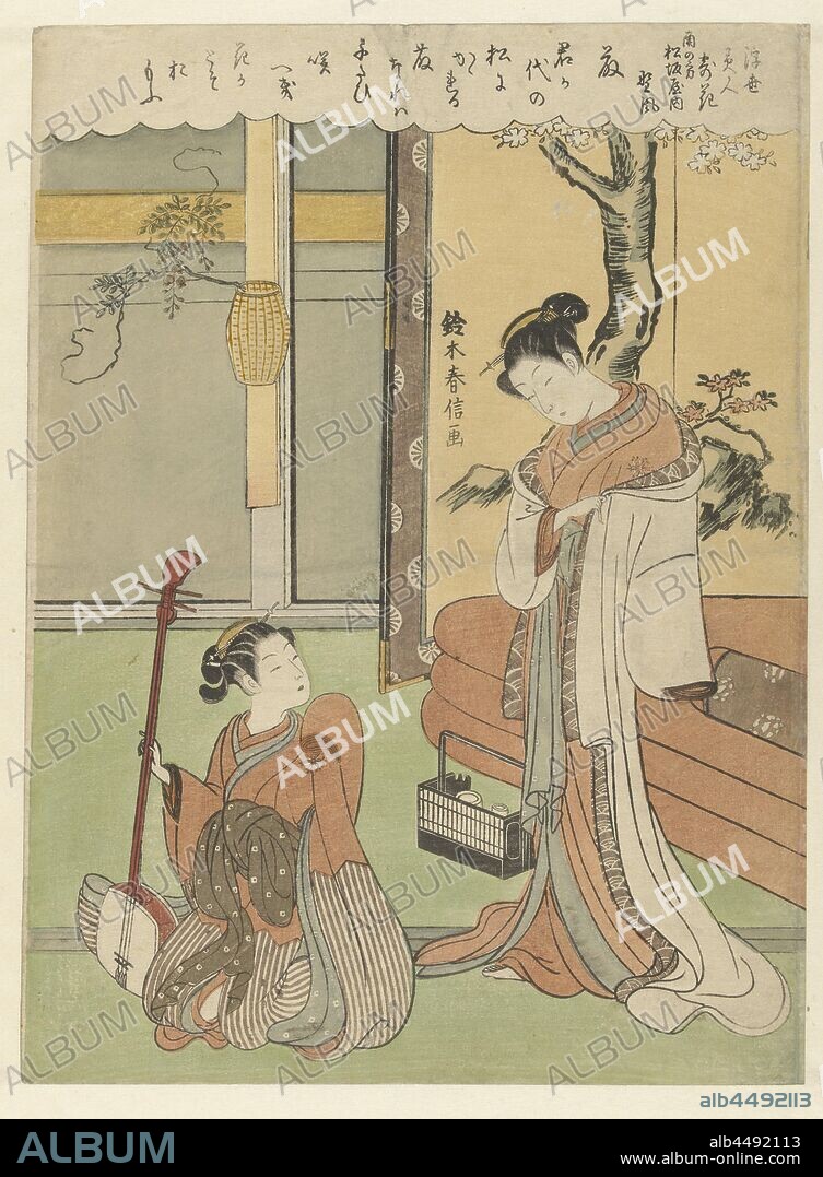Wisteria: the courtesan Nokaze from Southern Matsuzakaya. Minami no kata Matsuzakaya uchi Nokaze, Fuji (title on object) Beauties from the flowing world, poems on flowers Ukiyo bijin, hana ni yoseru (series title on object), Courtesan, standing by bed behind a screen with a painting of tree with blossom, looking at sitting kamuro with shamisen in right hand, in the background a basket hanging on the wall with blooming blue rain. Poem in cloud-shaped cartouche along entire top., Suzuki Harunobu (mentioned on object), Japan, 1767 - 1771, paper, colour woodcut, h 286 mm × w 212 mm.