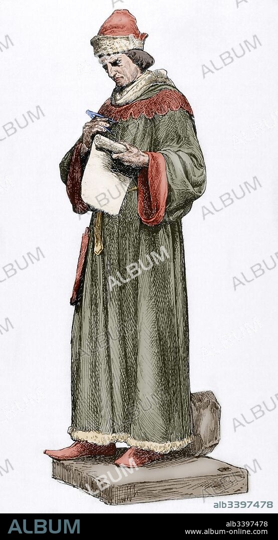 Mossen Jaime Febrer (siglo XV). Arquitecto y escritor catalán. Dibujo de Pahissa extraido de la obra escultórica de Carbonell. La Ilustración Catalana, 1888. Grabado coloreado.