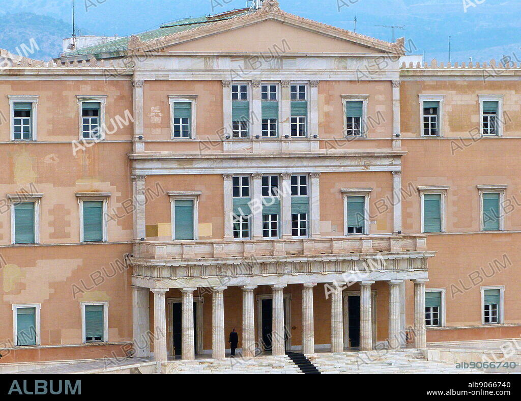 Parliament House (Old Royal Palace) the Hellenic Parliament building, Syntagma square, Athens, Greece. Built between 1836 - 1842. Designed by the German architect Friedrich von Gartner.