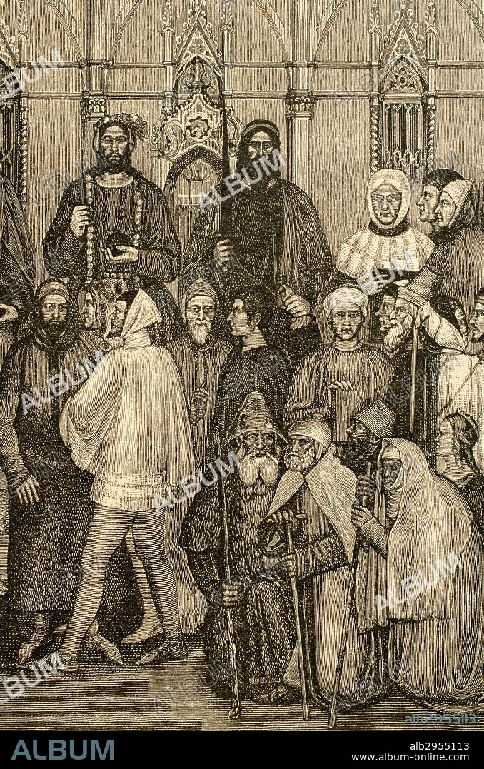 Militant Church and Triumphant Church. Detail of Clergy and Laity. Engraving after the fresco by Andrea Bonaiuto, 14th century. Spanish Chapel. Basilica of Santa Maria Novella (Florence, Italy).