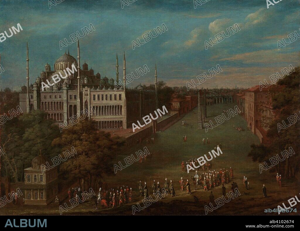 JEAN BAPTISTE VANMOUR. The Grand Vizier Crossing the Atmeydan? (Horse Square). De grootvizier steekt de Atmeydan? (hippodroom) over. Dating: 1720 - 1737. Measurements: h 61 cm × w 84.5 cm; w 5.8 kg.