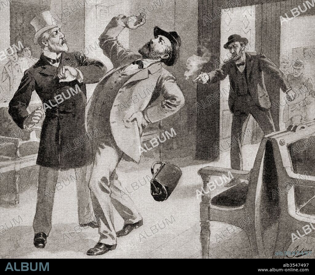 The assassination of President James A. Garfield at the Baltimore and Potomac Railroad Station, Washington D.C., America on July 2, 1881, by Charles Julius Guiteau. Secretary of State James G. Blaine stands at left of picture. James Abram Garfield, 1831 – 1881. 20th President of the United States. Charles Julius Guiteau, 1841 – 1882. American writer and lawyer. James Gillespie Blaine, 1830 – 1893. American statesman and Republican politician. From The History of Our Country, published 1900.
