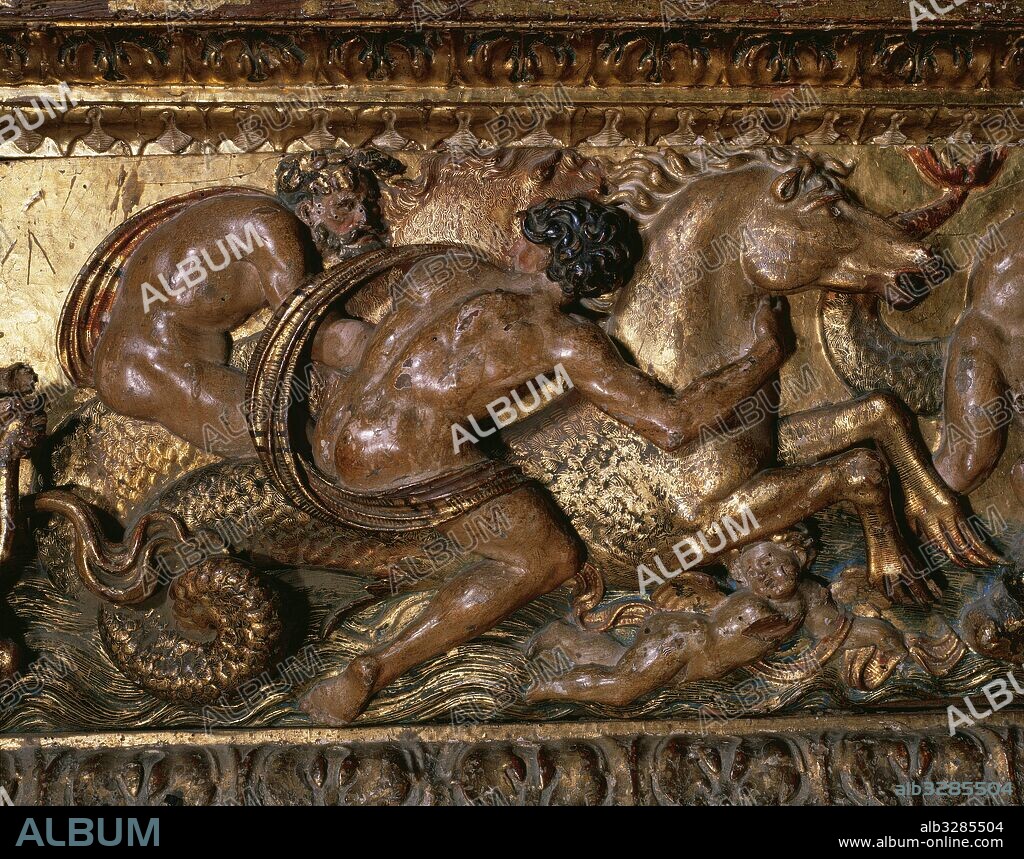 FORMENT, Damià (Valencia, h.1480-Santo Domingo de la Calzada,1540). Escultor, considerado el más importante del Renacimiento en Aragón. Frisos de madera policromada con diversos motivos profanos grotescos, tritones, nereidas, centauros, etc. Detalle del alta mayor de la catedral, realizado entre 1537 y 1540. SANTO DOMINGO DE LA CALZADA. La Rioja. España.