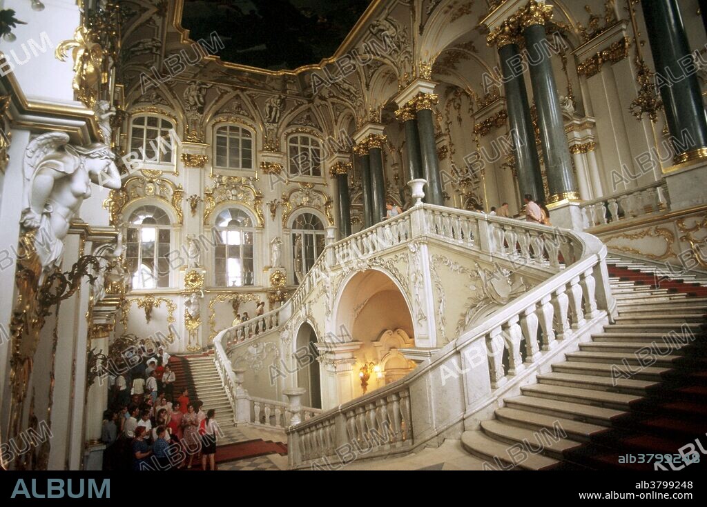 Interior of the Winter Palace in St. Petersburg, designed by Bartolomeo Rastrelli, an architect known for his extravagantly ornate late baroque style, in 1753.