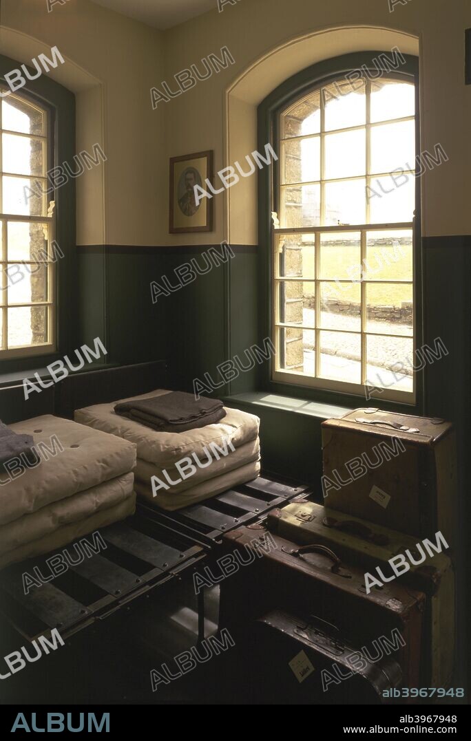 World War I guardrooms at Pendennis Castle, Cornwall, 1997. Here the World War I guardrooms are reconstructed with army-issue trestle beds and bedding. Pendennis Castle was begun in 1540 as part of Henry VIII's defence of the south coast, and continued to serve a military function until after World War II.
