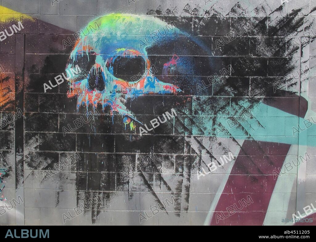 pintura de calavera colorida sobre fondo negro, graffiti mural, Plaza de las Glorias; Distrito San Martin, Barcelona en 2016.