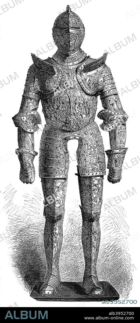Armour of Henry II of France, 16th century (1882-1884). Henry (1519-1559) came to the French throne in 1547. His reign saw extensive suppression of Protestantism in France. A print from La France et les Français à Travers les Siècles, Volume II, F Roy editor, A Challamel, Saint-Antoine, 1882-1884.