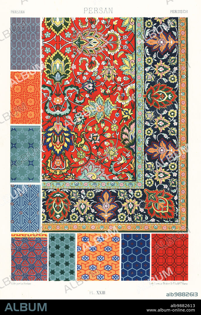 Persian art: tapestry and flowing ornaments. Oriental palms and floral design from an emboidered carpet, and nine examples of running patterns from manuscripts of the Shahnameh in the Bibliotheque Nationale, Paris. Persan. Hand-finished chromolithograph by Le Breton from Albert-Charles-Auguste Racinets LOrnement Polychrome, (Polychromatic Ornament), Firmin-Didot, Paris, 1869-73.