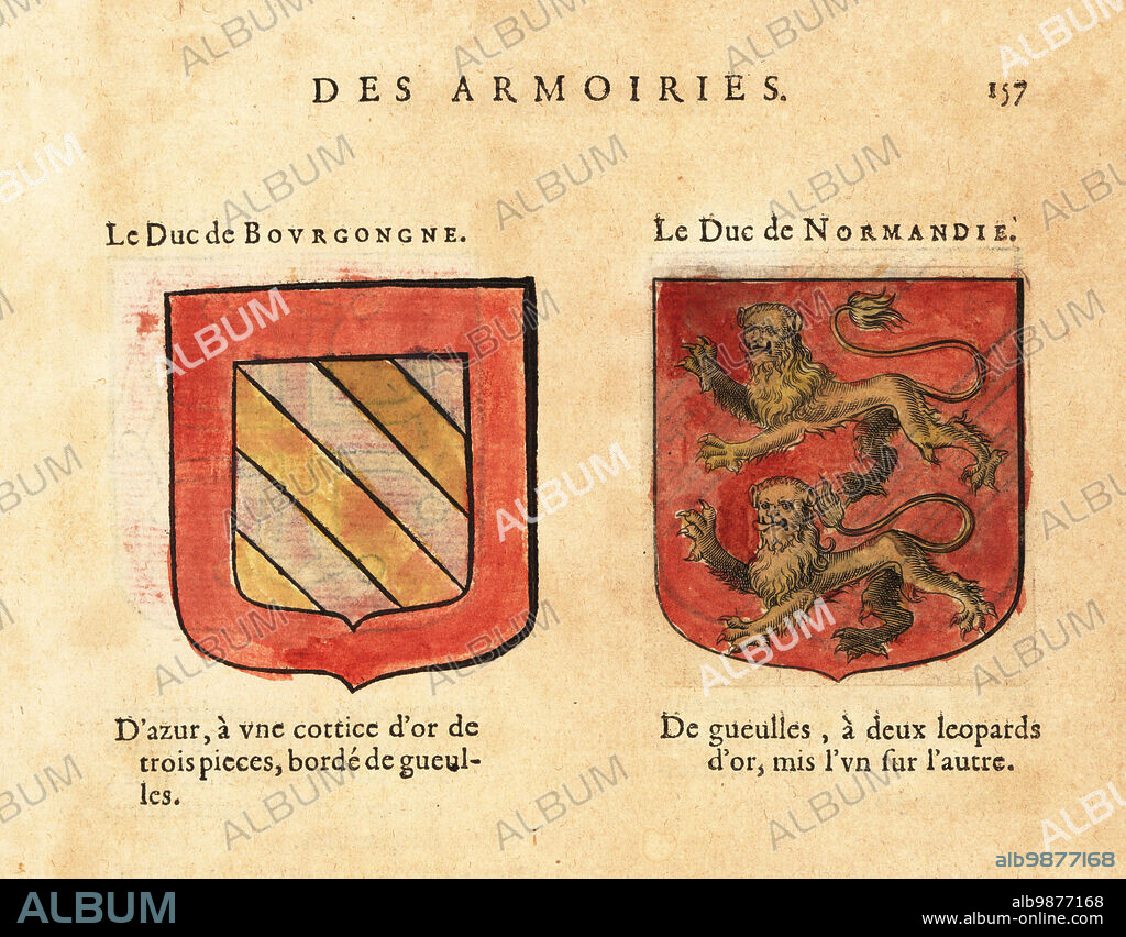 Coats of arms of the Duke of Burgundy, with gold bends on blue field, and the Duke of Normandy, with two gold leopards on red field. Le Duc de Bourgongne, le Duc de Normandie. Handcoloured woodblock engraving from Hierosme de Baras Le Blason des Armoiries, Chez Rolet Boutonne, Paris, 1628.