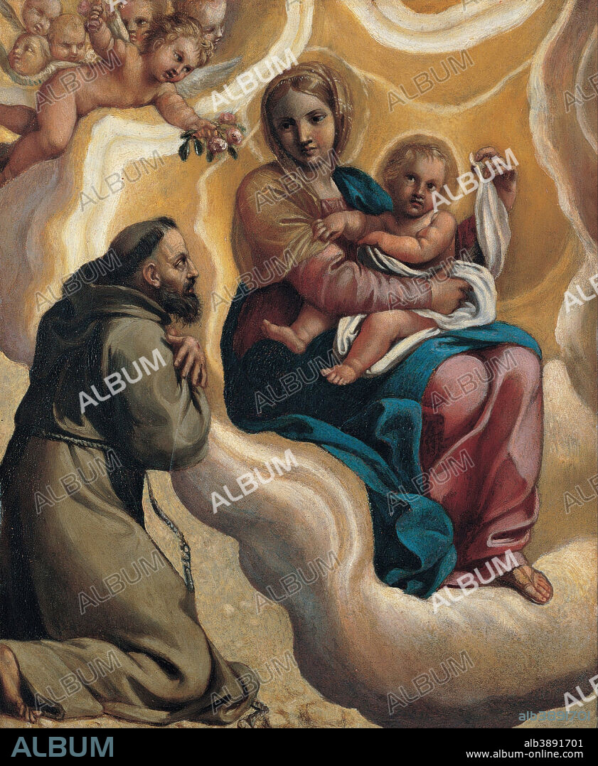 ANTONIO MARZIALE CARRACCI. Madonna with the Child and Saint Francis. Date/Period: 1605. Oil on Copper. Copper. Height: 210 mm (8.26 in); Width: 175 mm (6.88 in).