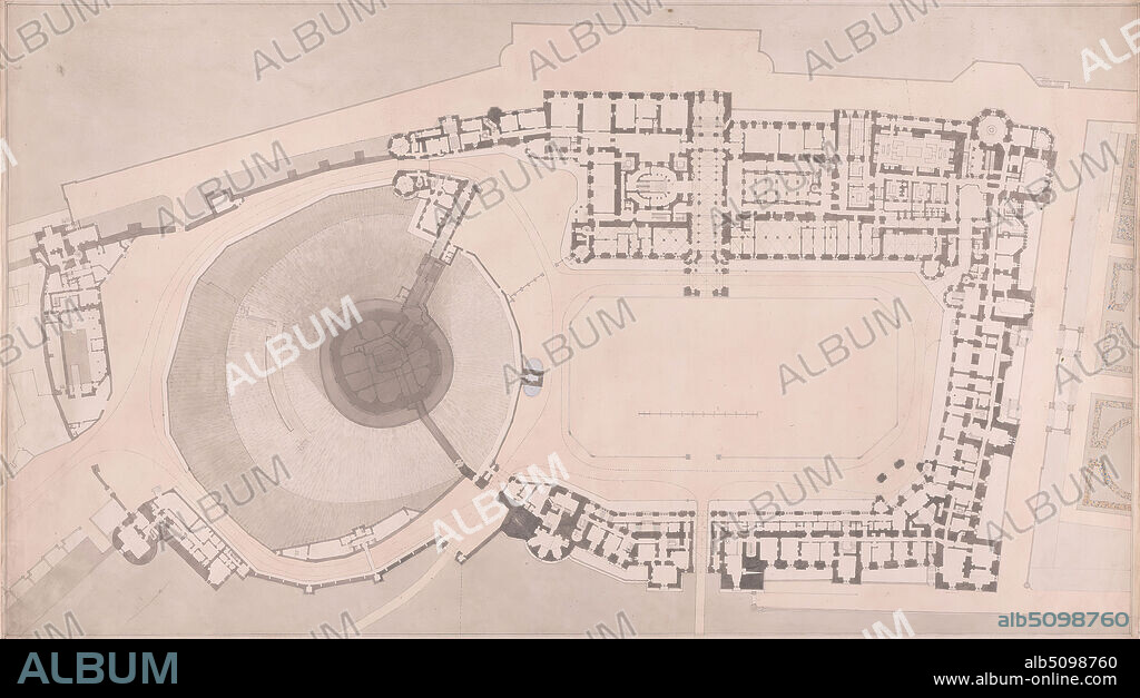 Windsor Castle, Berkshire: Plan at Ground Level, Studio of Sir Jeffry Wyatville, 17661840, British, after 1830, Watercolor and pen and black ink on slightly textured, medium, cream wove paper, Sheet: 16 1/8 × 28 5/8 inches (41 × 72.7 cm), architectural subject.