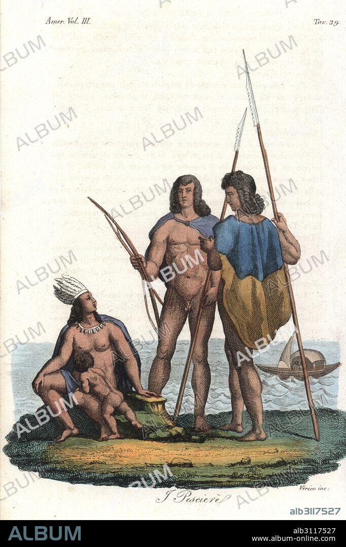 Yaghan or Yamana people of Tierra del Fuego, naked hunters with cloaks, spears, bow and arrow, and seated woman with feather headdress and cloak. Fishing boat with sail in the background. Handcoloured copperplate engraving by Verico from Giulio Ferrrario's Costumes Antique and Modern of All Peoples (Il Costume Antico e Moderno di Tutti i Popoli), Florence, 1842.
