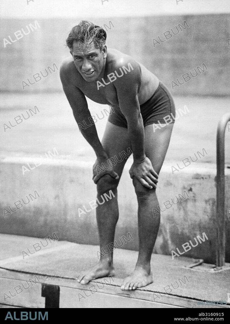Santa Monica, California:  c. 1932 Hawaiian swimming champion Duke Kahanamoku working out in preparation for the 1932 Olympics in Los Angales, which were to be his fifth and final Olympics.