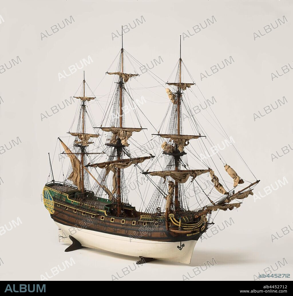 Model of the 58-gun East Indiaman Merkurius Model of the 58-gun East Indiaman Merkurius Model of the 58-gun East Indiaman Merkurius Model of a 58-Gun Dutch East Indiaman, Polychromed, rigged timber frame. The armament was already missing in 1858, sixty gun ports are divided over three decks. The little galleon has a helmeted man as a figurehead. Twisted mirror and hollow wulf with four gates. The fence has two floors and is elaborately decorated with carvings of curls and animal figures, the coat of arms of Zeeland and that of Middelburg are affixed to it. The side galleries, decorated with curl work, are small and closed. Straight rudder with square rudder king, steering wheel on the half deck. The model has three anchors, a spindle, a galley, ship's bell and two pumps. The sheer runs forwards and backwards, two double barkwoods and one deerwood, around a underwater ship. The three-mast rig is equipped with all sails, the donkey heads are round and the mizzen rod has a half mizzen, ship model, Zeeland, Middelburg, Dutch East India Company, Mercury (ship), anonymous, Middelburg (possibly), 1747, wood (plant material), brass (alloy), iron (metal), rope, textile materials, h 234 cm × l 290 cm × w 117 cm.