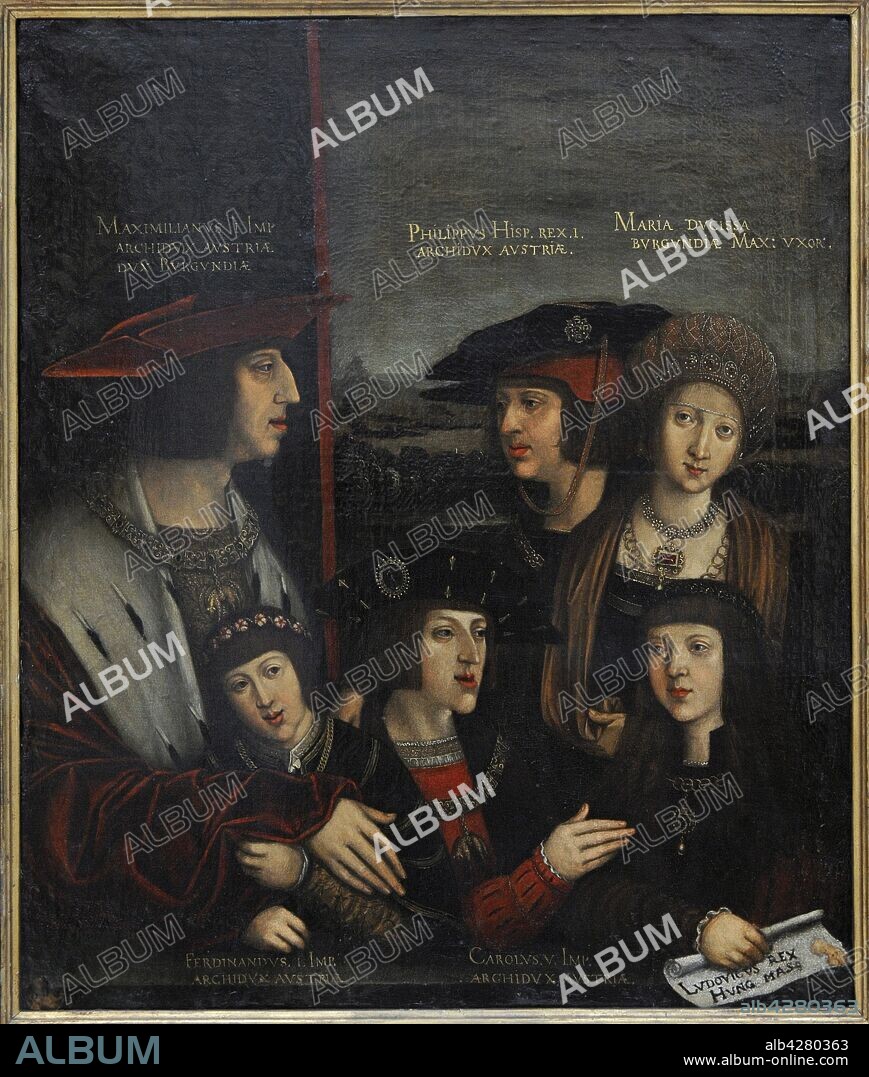Maximiliano I (1459-1519). Archiduque de Austria y Emperador de Alemania (1443-1519). El Emperador Maximiliano y su familia. Óleo sobre tabla, 73 x 60 cm. Obra de Bernard Strigel (1460-1528). En él aparecen Maximiliano, Felipe el Hermoso, María de Borgoña, Fernando I, Carlos V y Leonor. Real Academia de Bellas Artes de San Fernando. Madrid. España.