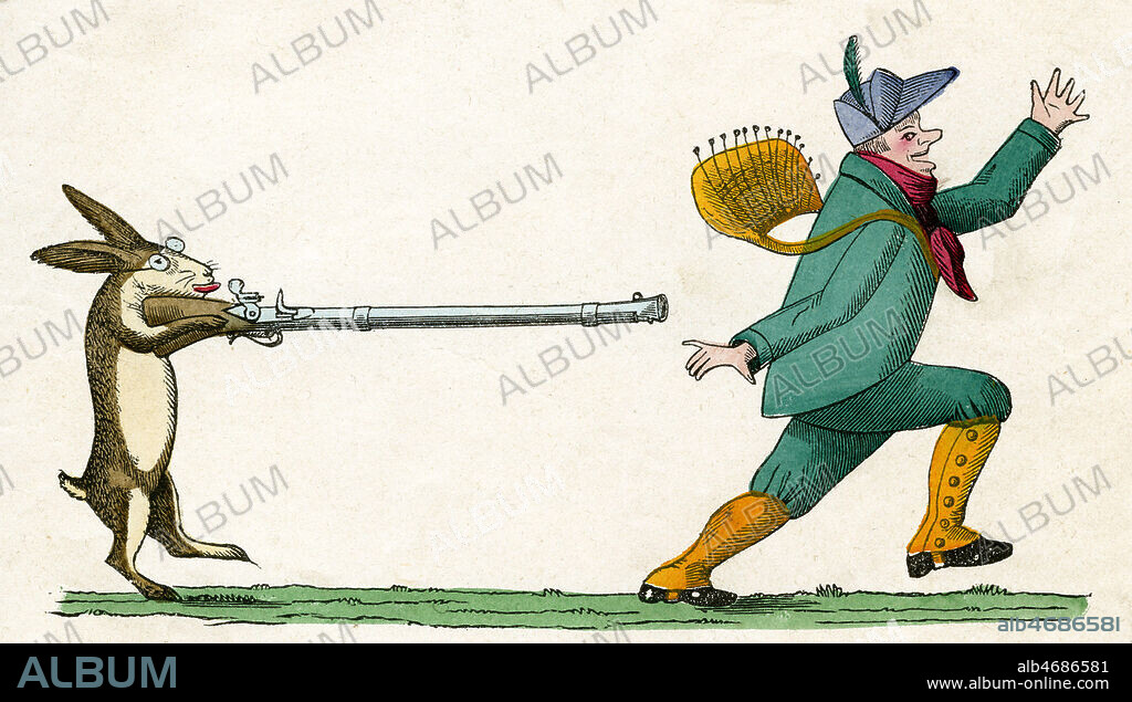Pierre l'Ebouriffe: Le lapin qui tue le chasseur. Gravure in Pierre l'Ebouriffe conte moral de Heinrich HOFFMANN, vers 1870-1880 . Credit Collection Kharbine Tapabor.