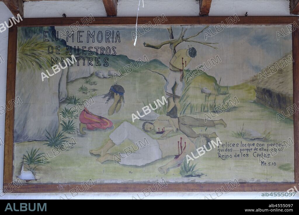 pintura mural, martires de la guerra civil, claustro de la iglesia, San Gaspar Chajul, departamento del Quiché , Triángulo Ixil, Guatemala, America Central.