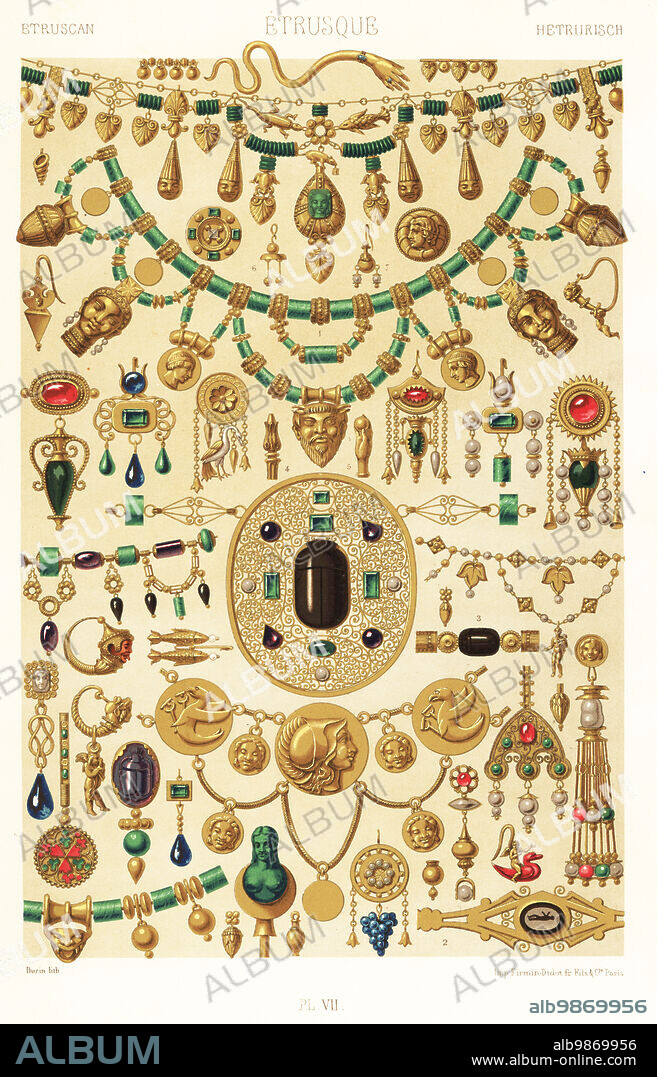 Ancient Etruscan or Etrurian art and jewelry. Necklace with heads and charms 1, rings 2,3, hair-pins 4,5, and earrings 6,7. From the Campana Collection in the Louvre. Hand-finished chromolithograph by Durin from Albert-Charles-Auguste Racinets LOrnement Polychrome, (Polychromatic Ornament), Firmin-Didot, Paris, 1869-73.