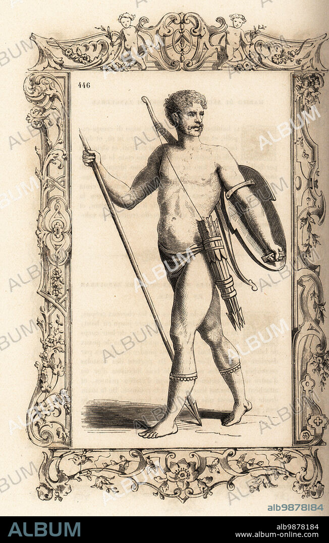Aboriginal Guanche warrior of the Canary Islands, 16th century. He is naked apart from a loincloth and leg bands, and carries a lance, shield, bow and arrows. Costume des iles Canaries. Within a decorative frame engraved by H. Catenacci and Fellmann. Woodblock engraving by Gerard Seguin and E.F. Huyot after a woodcut by Christoph Krieger from Cesare Vecellios 16th century Costumes anciens et modernes, Habiti antichi et moderni di tutto il mondo, Firman Didot Ferris Fils, Paris, 1859-1860.