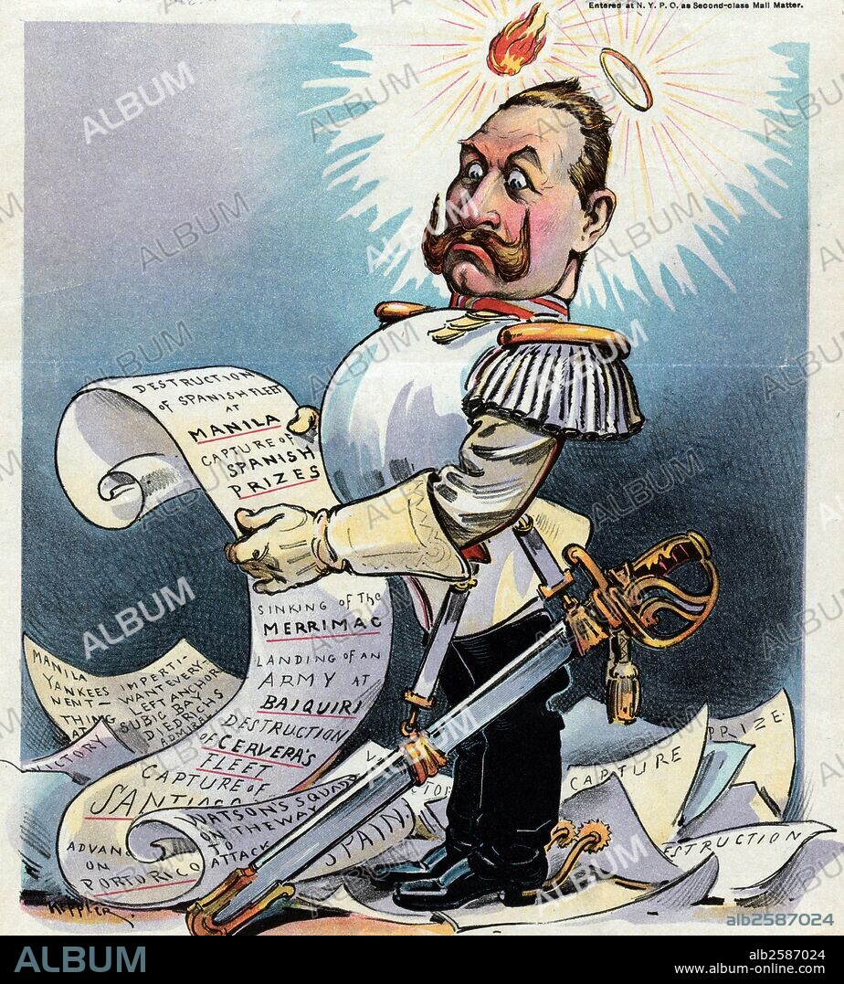 Print by Udo Keppler, (1872-1956), shows William II, German Emperor, full-length portrait, standing among papers, looking puzzled, with a flame and a halo above his head, holding a long sheet of paper that lists successful U.S. military campaigns during the Spanish-American War, such as "Destruction of Spanish Fleet at Manila, Capture of Spanish Prizes, Landing of an Army at Baiquiri, Destruction of Cervera's Fleet, [and] Sinking of the Merrimac".  Photo by: .