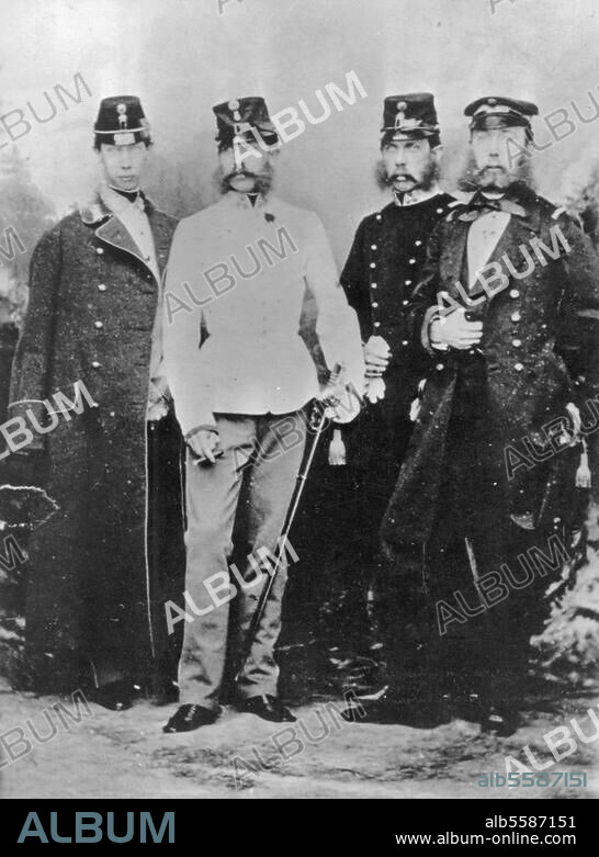 Franz Joseph I., Kaiser von Österreich, 1830-1916. Der Kaiser (2. v. li.) mit seinen Brüdern, den Erzherzögen Ludwig Viktor (1842-1919), Karl Ludwig (1833-96) und Maximilian (1832-67, ab 1864 Kaiser von Mexiko). Foto, um 1860.