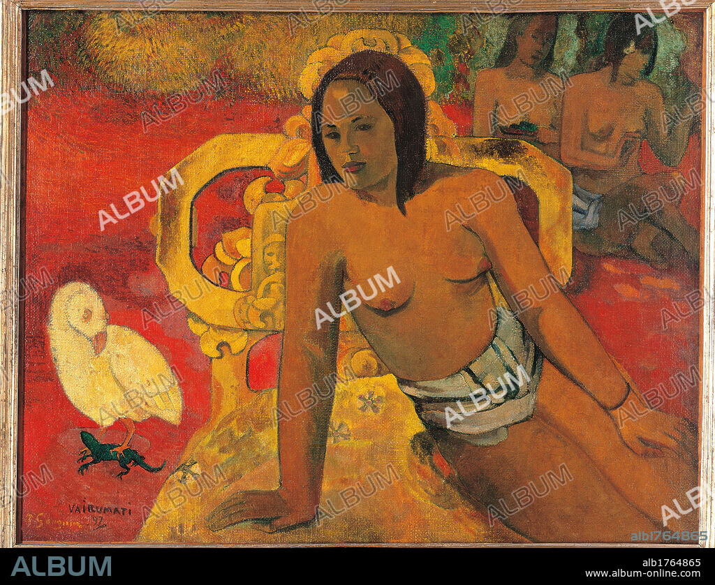 Vairumati, by Paul Gauguin, 1897, 19th Century, oil on canvas, cm 73 x 94. France, Ile de France, Paris, Muse dOrsay, RF1959-5. All. Woman Vairumati women bodies nude yellow red green belt band white bird lizard chair.