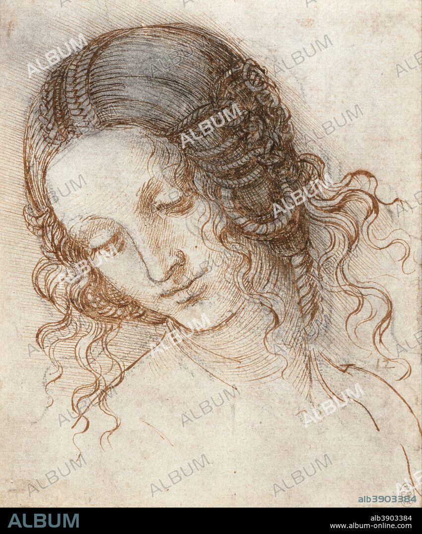 LEONARDO DA VINCI. Head of Leda. Date/Period: Ca.1504 - ca.1506. Drawing. Pen and ink over black chalk on paper. Height: 177 mm (6.96 in); Width: 147 mm (5.78 in).