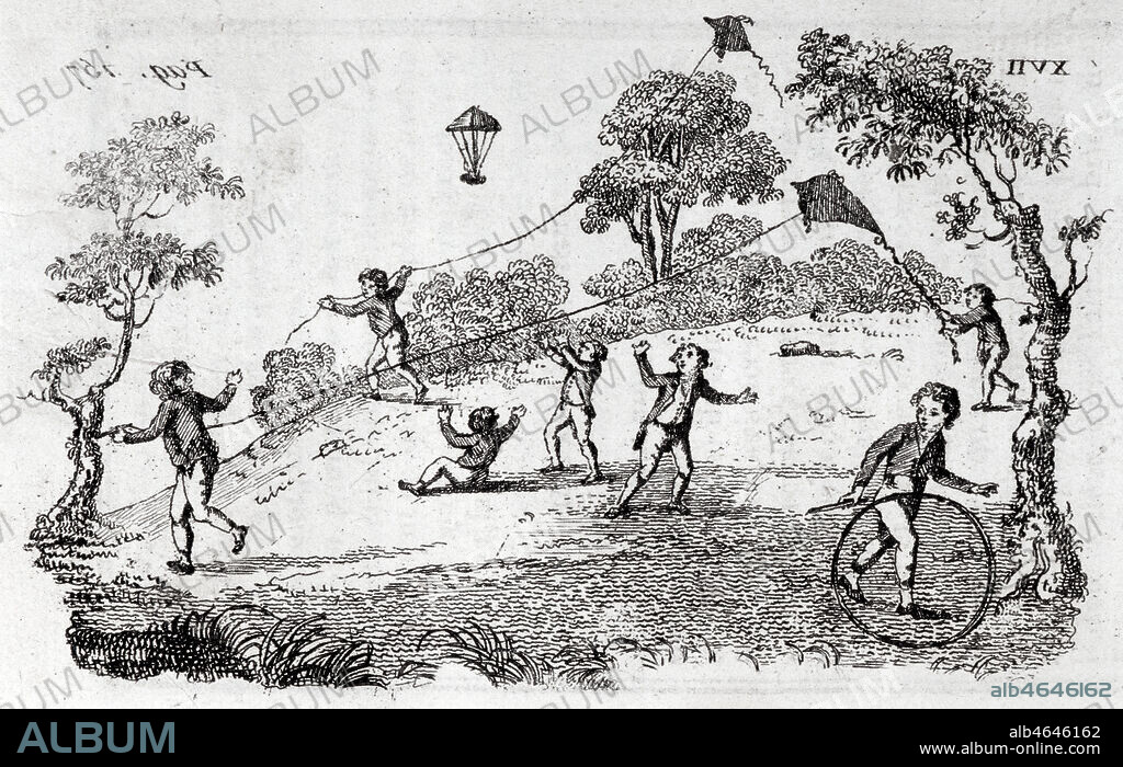 Jeu de cerf volant. Illustration anonyme de 1803 pour La Gymnastique de la jeunesse, ou Traité élémentaire des jeux d'exercice, considérés sous le rapport de leur utilité physique et morale (1803). par Jean Augustin AMAR DURIVIER (1765-1837) (professeur au Lycée Henri IV, puis conservateur de la Bibliotheque Mazarine) Avec Louis-François Jauffret (1770-1840) pedagogue, auteur de nombreux ouvrages a destination de la jeunesse. Credit : Collection Six/KHARBINE-TAPABOR.