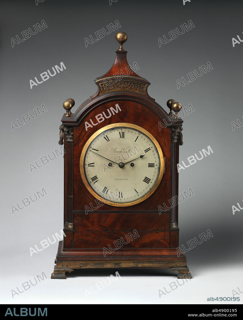 Clockmaker: Firm of John and Myles Brockbanks, Mantel clock, British, London, Clockmaker: Firm of John and Myles Brockbanks (British, 17911835), ca. 17911806, British, London, Inlaid mahogany and gilt bronze, Overall: 25 1/2 × 14 1/2 × 9 1/4 in. (64.8 × 36.8 × 23.5 cm), Horology.