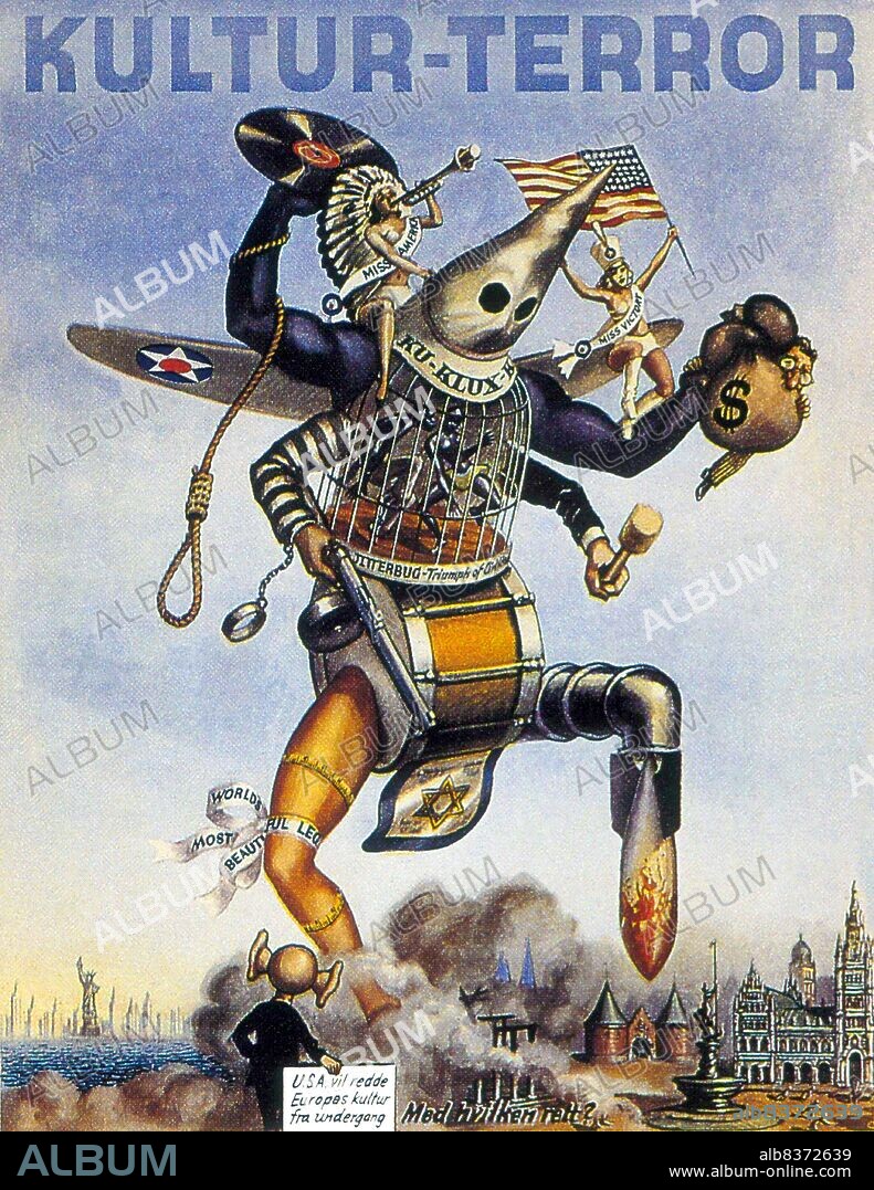 Anti-American propaganda poster highlighting Nazi objections to what were perceived as 'American culture'. These include: The sexual promiscuity of American women; gangsterism and gun violence; materialism and commercialism, blacks and black degenerate music; indiscriminate US bombing ('terror-fliegen'), American jingoism and militarism; the malevolent influence of Jews and Freemasons.<br/><br/>. The poster, which manages to pack in a great deal of anti-American, racist imagery, smacks of growing Nazi desperation as the Alied invasion of Europe looms.