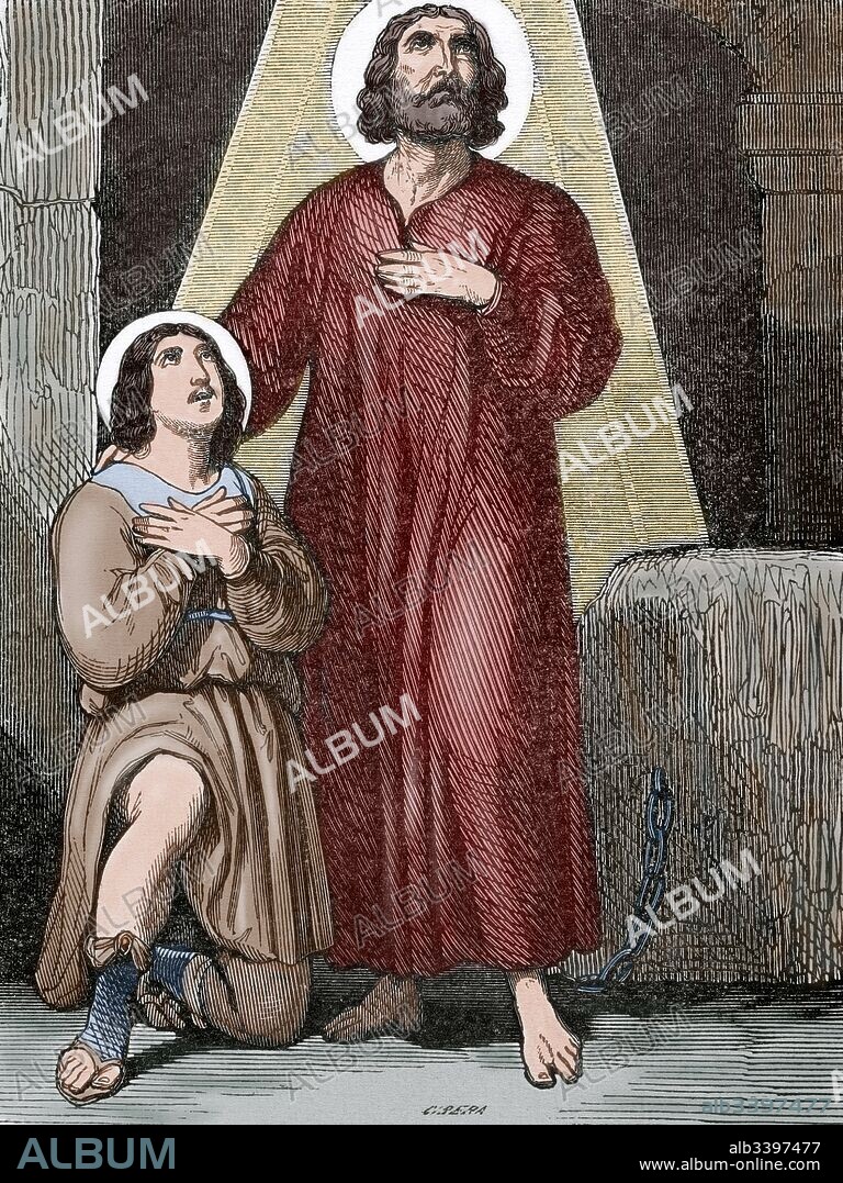Valentín o San Valentín. Uno de los tres santos mártires romanos del siglo III. Grabado por Cibera. Año Cristiano, 1853. Coloreado.