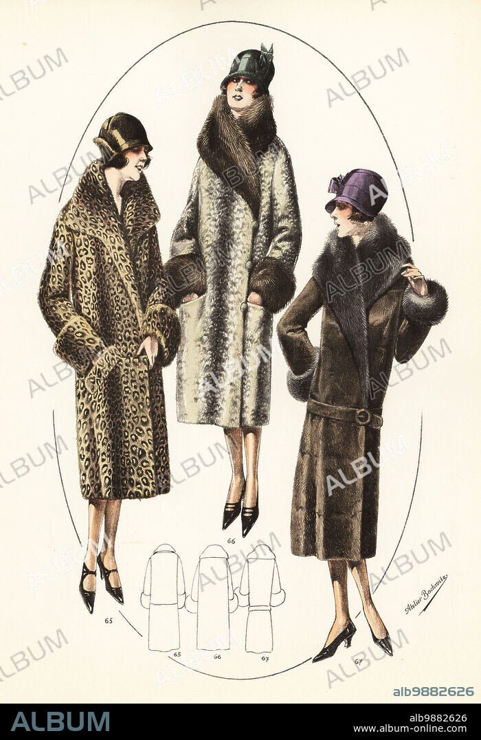 Fashionable women in cloche hats and motor coats, 1926. Motor cloak of leopard skin, mante d'auto en leopard 65. Motor coat of sealskin, phoque 66. Automobile coat of pony skin, poulain 67. Handcoloured lithograph from Modeles Originaux de Fourrures, Original Models in Fur, No. 17, Atelier Bachwitz, Vienna, 1926.