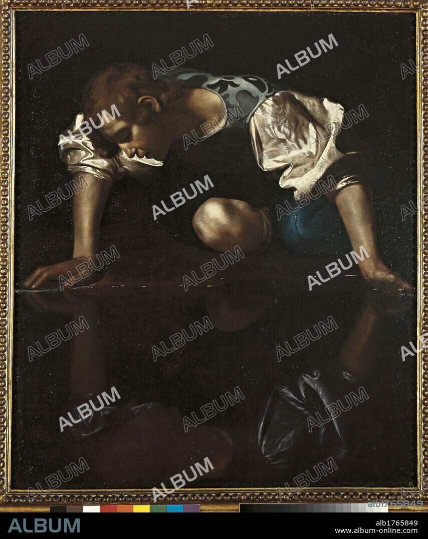 Narcissus, by Michelangelo Merisi known as Caravaggio, 1599-1600, 16th Century, oil on canvas, cm 118 x 99. Italy, Lazio, Rome, National Gallery of Ancient Art, Palazzo Barberini. The myth of Narcissus is narrated in different literary versions as well as in the Metamorphosis by Ovid. All. Narcissus young man, in white shirt and damask jacket, reflecting in the water. Image reflected, darkness. Authorization required for non editorial use.
