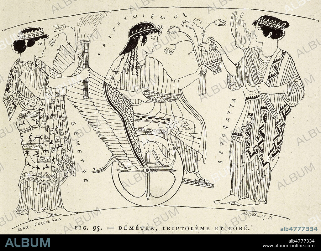 Demeter, Triptoleme et Core (Persephone). Gravure de COLIGNON tiree de l'ouvrage 'Mythologie, figure de la Grece'. Credit : Collection KHARBINE-TAPABOR.