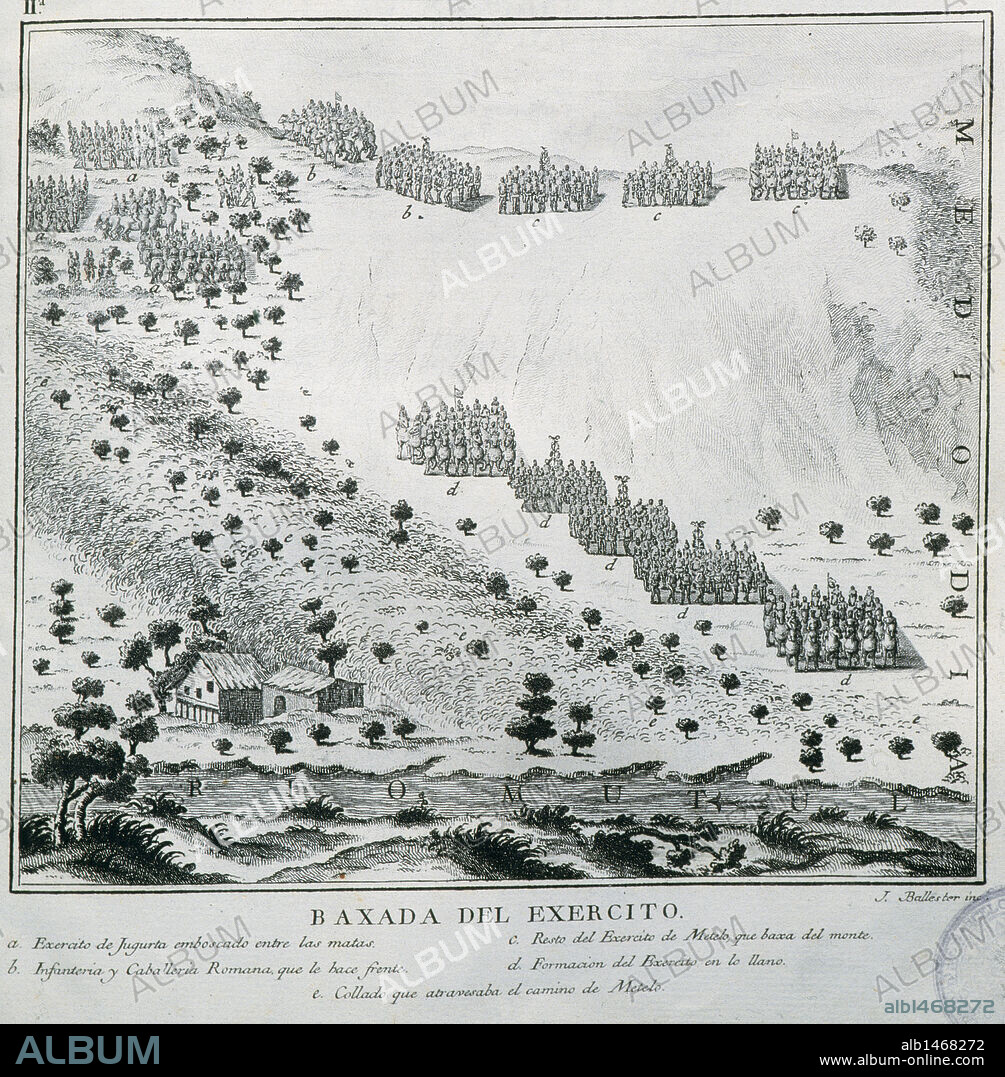 Sallust (Gaius Sallustius Crispus) (86-35 BC). Roman politician and historian. Jugurthine War (111-104 BC). Engraving depicting the battle between the army of Jugurtha and the Roman legions of Consul Quintus Caecilius Metellus Numidicus. Edition of 1772. Library of Catalonia. Barcelona. Spain.