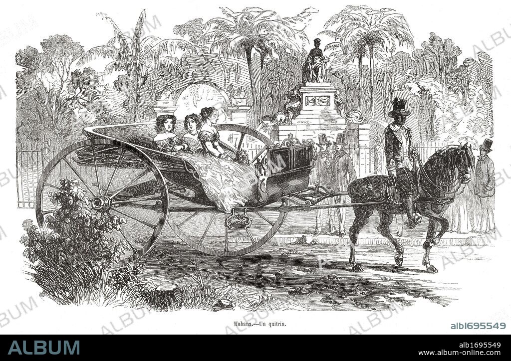 Carruaje quitrin por los paseos de La Habana, Cuba, grabado de 1853.