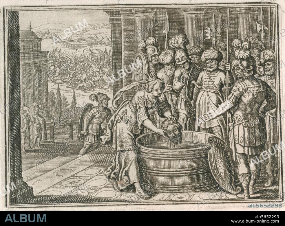 Kyros II. der Große, König der Perser. gest. 529 v. Chr. Der Tod des Kyros. (Die Skythenkönigin Tomyris taucht den Kopf des gefallenen Kyros in einen Schlauch mit Blut). Kupferstich von Matthäus Merian d. Ä. (1593-1650). Aus: Johann Ludwig Gottfried, Historische Chronica, Frankfurt a. M. (M.Merian) 1630, S. 86. t. Berlin, Sammlung Archiv für Kunst und Geschichte.