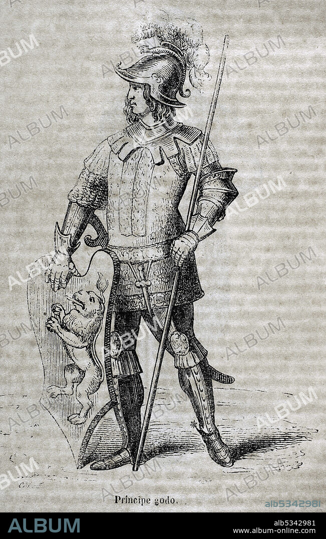 Hispania Visigoda. Príncipe Godo. Grabado. Historia General de España por el padre Mariana. Madrid, 1852.