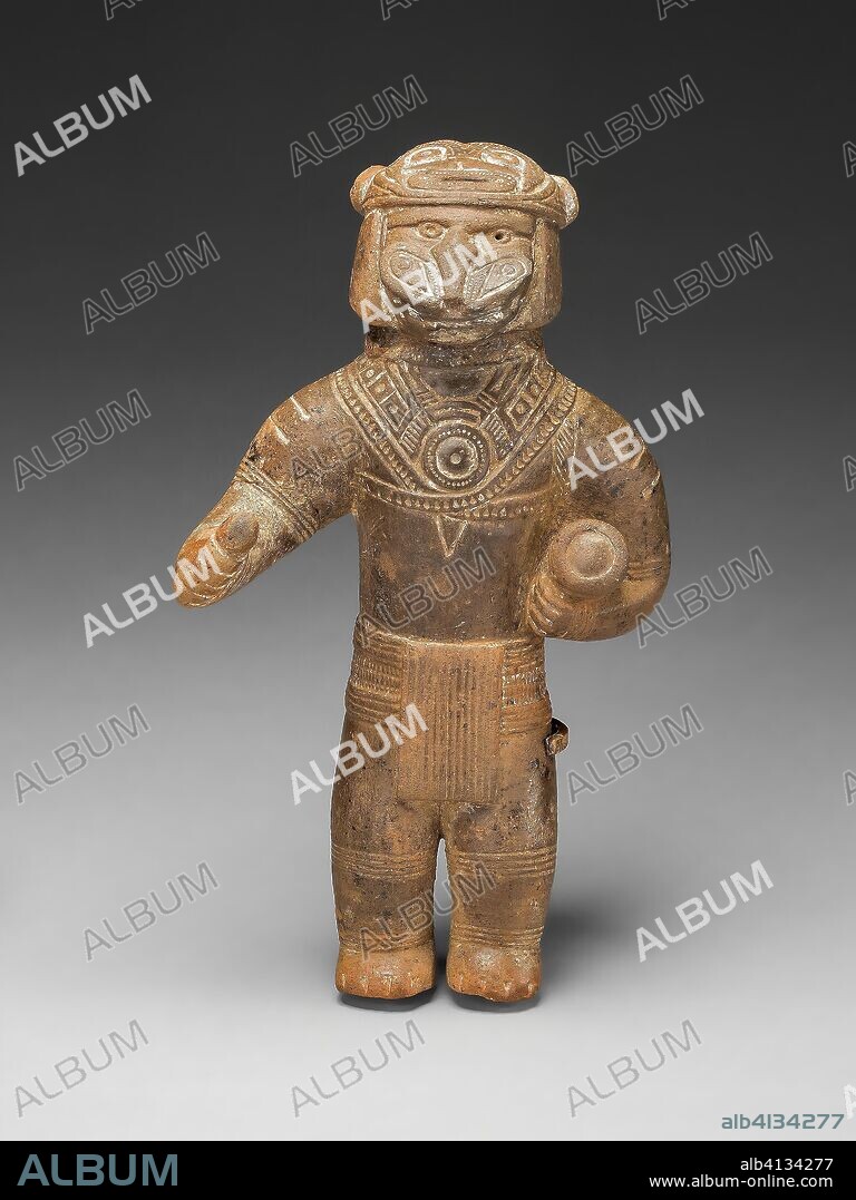 Masked Figurine Holding a Drum, Possibly a Ocarina (Whistle). Tairona; Sierra Nevada de Santa Marta, Colombia. Date: 1200-1400. Dimensions: H. 12.7 cm (5 in.). Ceramic and pigment. Origin: Colombia.