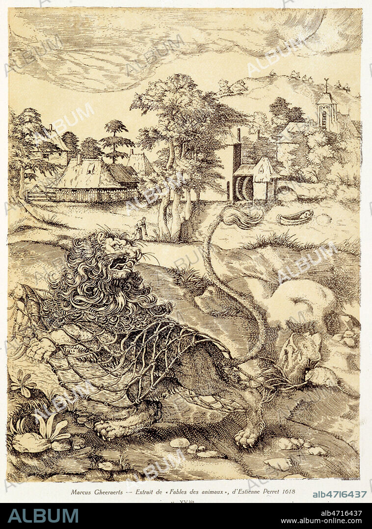 'Le lion et le rat' : fable d'Esope, gravure de Marcus Gheeraerts, in Fables d'animaux d'Estienne Perret, 1618. Credit : Coll. Dom/KHARBINE-TAPABOR.