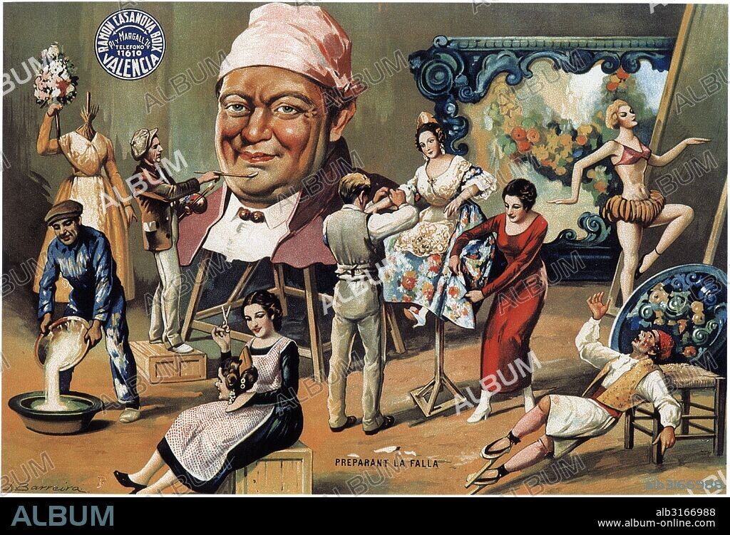 Publicidad. Cafés y chocolates Ramón Casanova Boix, de Valencia; un taller fallero. Años 1930.