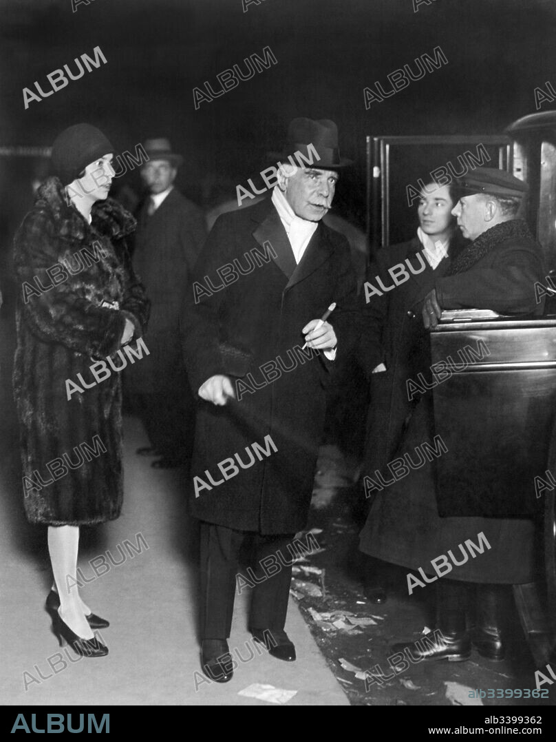 New York, New York:  c. 1929 Financier and banker Otto Kahn arrives with his daughter to attend the six day bicycle races being held at Madison Square Garden.