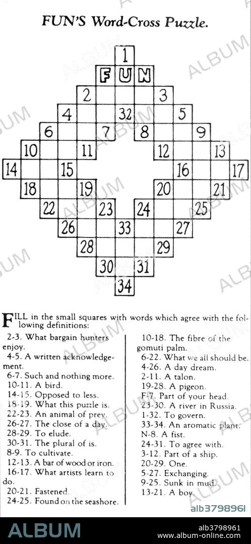Arthur Wynne (June 22, 1871 - January 14, 1945) was the British-born inventor of the modern crossword puzzle. He emigrated to the United States on June 6, 1891, at the age of 19. He worked on the Pittsburgh Press newspaper, and played the violin in the Pittsburgh Symphony Orchestra. He later moved to New York City and worked on the New York World newspaper. While there he created the crossword puzzle for the Fun section of the Sunday edition (December 21, 1913). The puzzle had a diamond shape with a hollow centre, and the letters F-U-N already being filled in. He called it a Word-Cross Puzzle. He introduced a number of innovations and pioneered the use of black squares in a symmetrical arrangement to separate words in rows and columns. A few weeks after the first Word-Cross appeared, the name of the puzzle was changed to Cross-Word as a result of a typesetting error. He became a naturalized US citizen in the 1920s, and died in 1945 at.