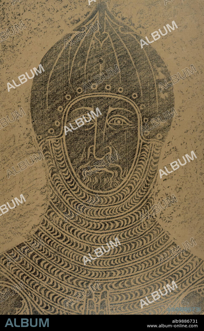 Brass rubbing of a knight in armour, 1949. Knight wearing a helmet with chain mail: rubbing taken from a tomb in a church. Illustration from "English Brasses", handwritten, illustrated, and bound by calligrapher John Woodcock. The manuscript contains drawings of brass rubbings of many knights and nobles, including Sir John d'Abernon, Thomas de Hope, and Nichol de Gore, as well as noblewomen such as the wives of Reginald de Malyns, Nicholas Wadham, and Nicholas Wotton.