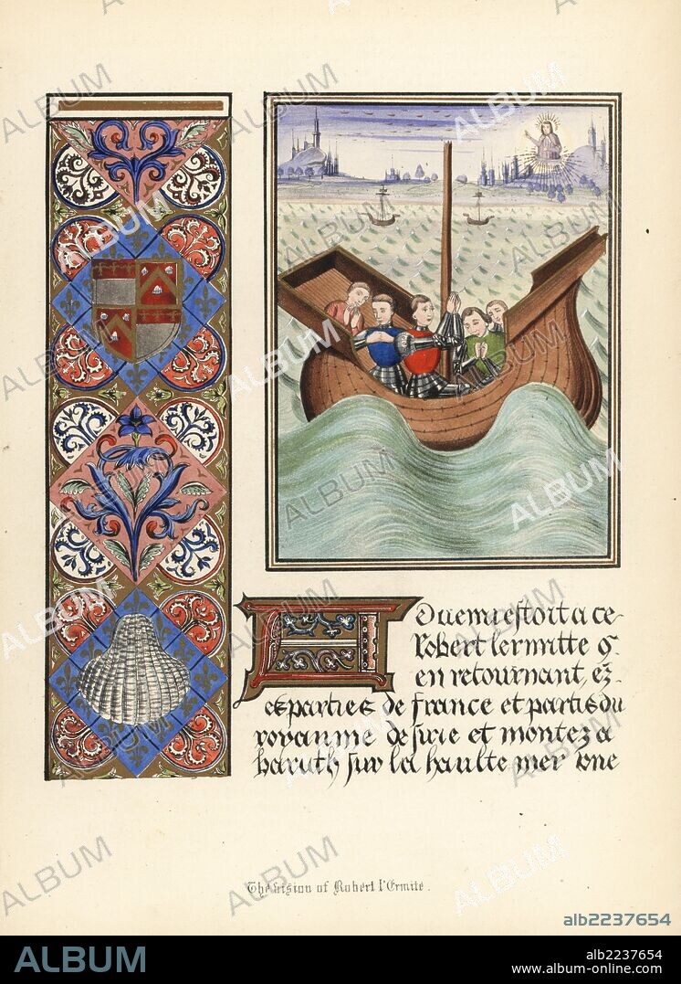 Robert le Mennoit, Robert l'Ermite, or Robert the Hermit saw a vision of God after a huge storm that destroyed his ship on his return from Syria. Illuminated panel with heraldic crest, flower and shell. Handcoloured lithograph after an illuminated manuscript from Sir John Froissart's "Chronicles of England, France, Spain and the Adjoining Countries, from the Latter Part of the Reign of Edward II to the Coronation of Henry IV," George Routledge, London, 1868.