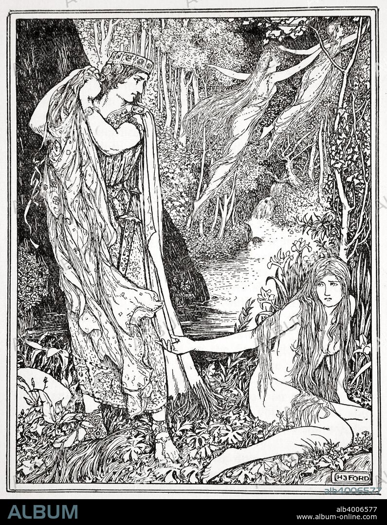 'King Athamas steals Nephele's clothes so that she can't float away with her sister', 1926. A print from Tales of the Greek Seas by Andrew Lang, 1926.