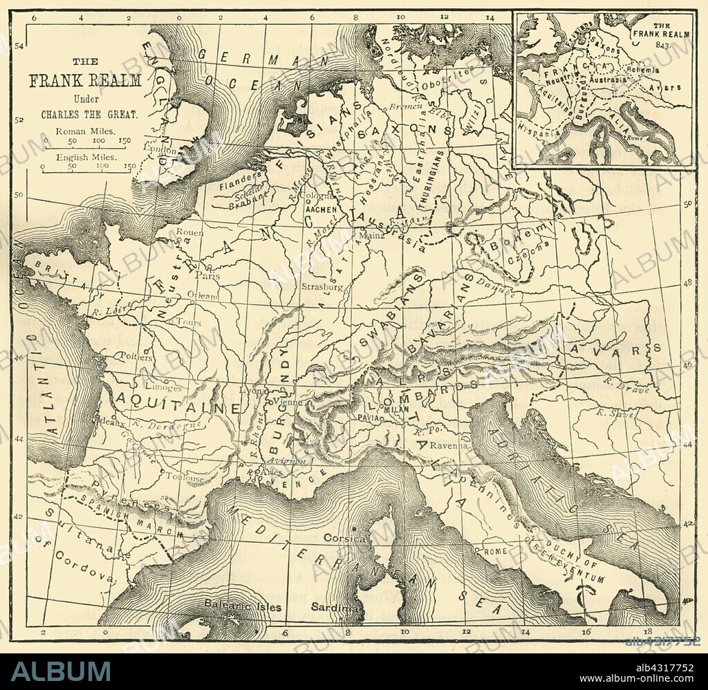 'Map of the Kingdom of the Franks Under Charlemagne', 1890. In 1771, Charlemagne (742-814)  became king of the Franks, by 814, his empire encompassed most of Western Europe, had ensured the survival of Christianity and was seen as the Holy Roman Empire. From "Cassell's Illustrated Universal History, Vol. III - The Middle Ages", by Edmund Ollier. [Cassell and Company, Limited, London, Paris and Melbourne, 1890. ].