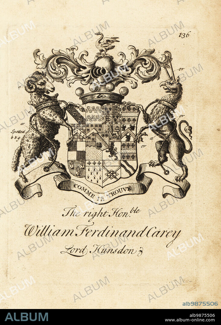 Coat of arms of the Right Honourable William Ferdinand Carey, 8th Baron Hundsen, Lord Hunsdon, 1684-1765. Copperplate engraving by Andrew Johnston after C. Gardiner from Notitia Anglicana, Shewing the Achievements of all the English Nobility, Andrew Johnson, the Strand, London, 1724.